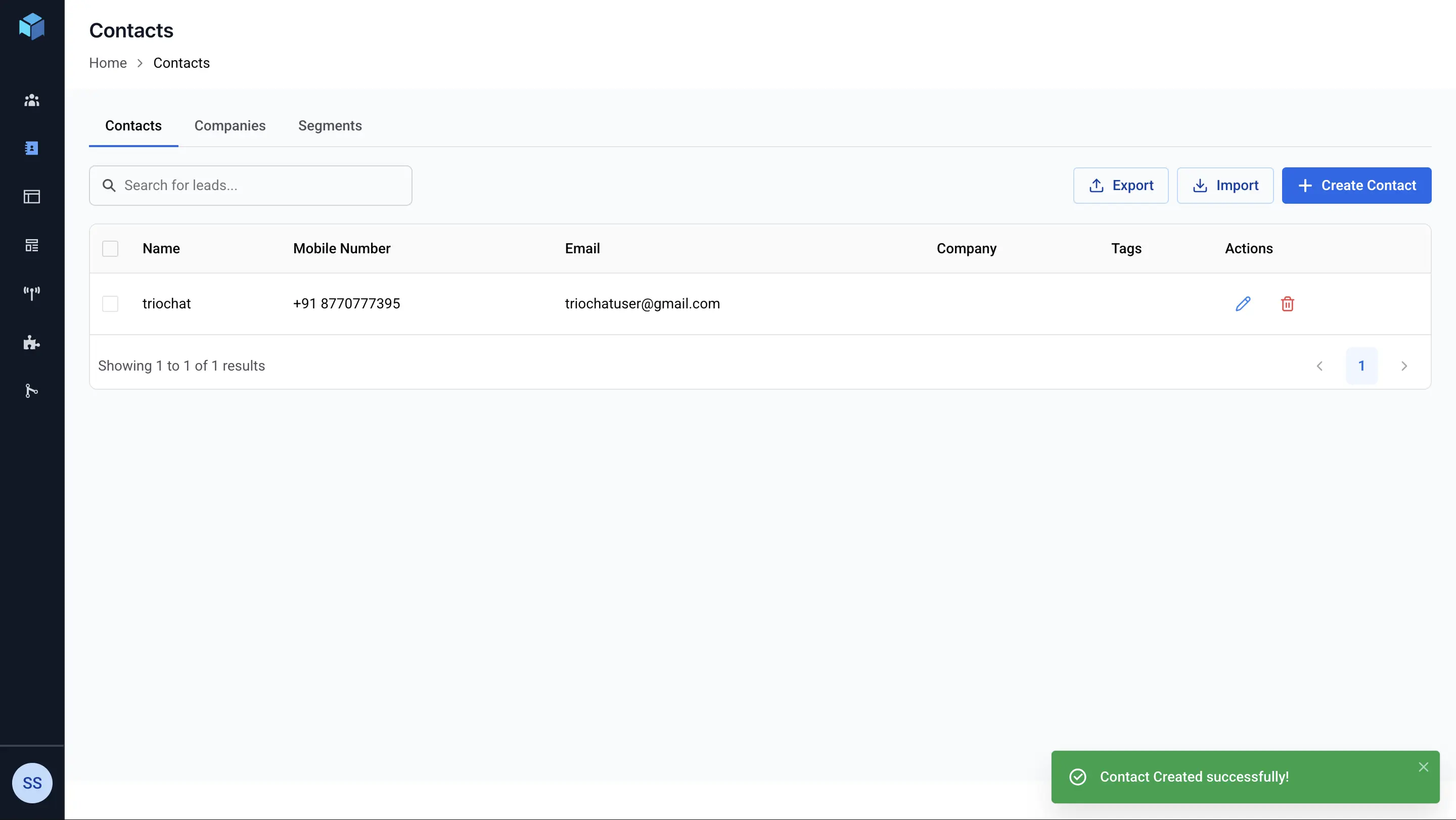 contact created successfully