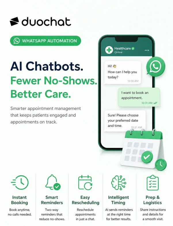 Chatbot IA assistant les patients avec réservation de rendez-vous santé et rappels via WhatsApp
