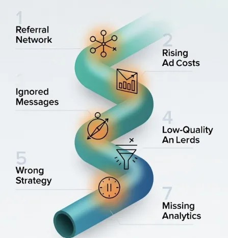 Lead generation challenges showing customer acquisition funnel, marketing channels, and sales pipeline obstacles