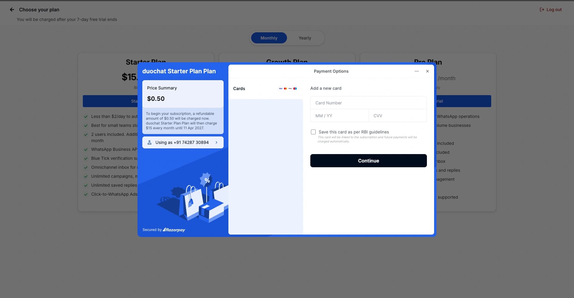Payment gateway page asking for card number, expiry date, and CVV to activate account