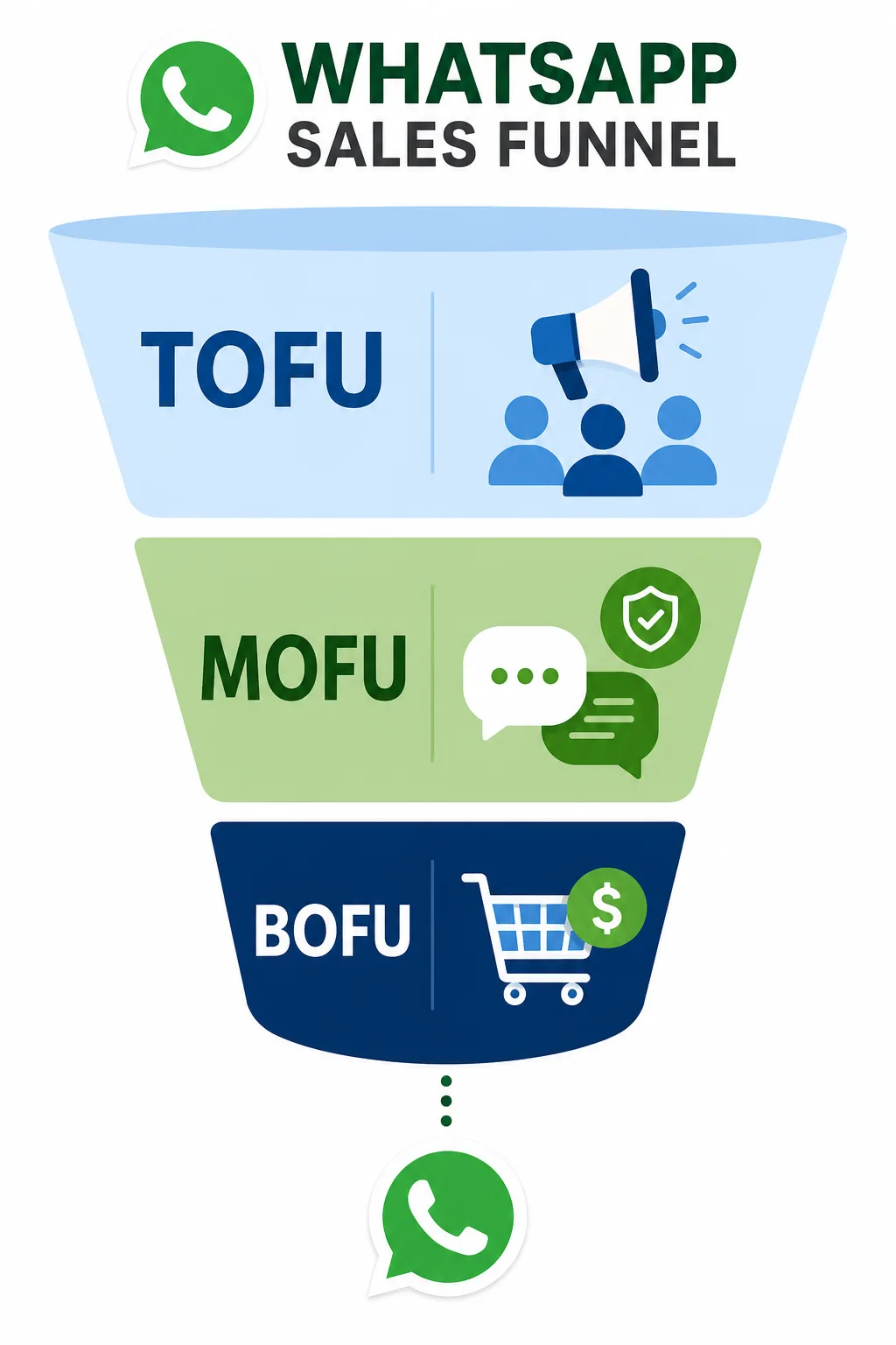 Schéma d'un tunnel de vente WhatsApp montrant les étapes TOFU, MOFU et BOFU pour convertir des prospects en clients