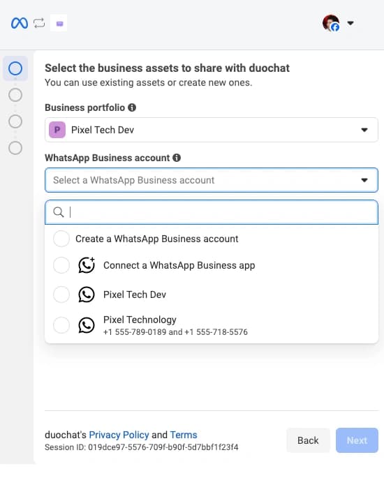 Facebook business manager selection screen with a list of business accounts