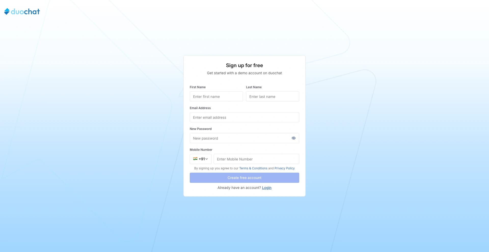 Sign-up form page showing fields for first name, last name, email, mobile number, and password