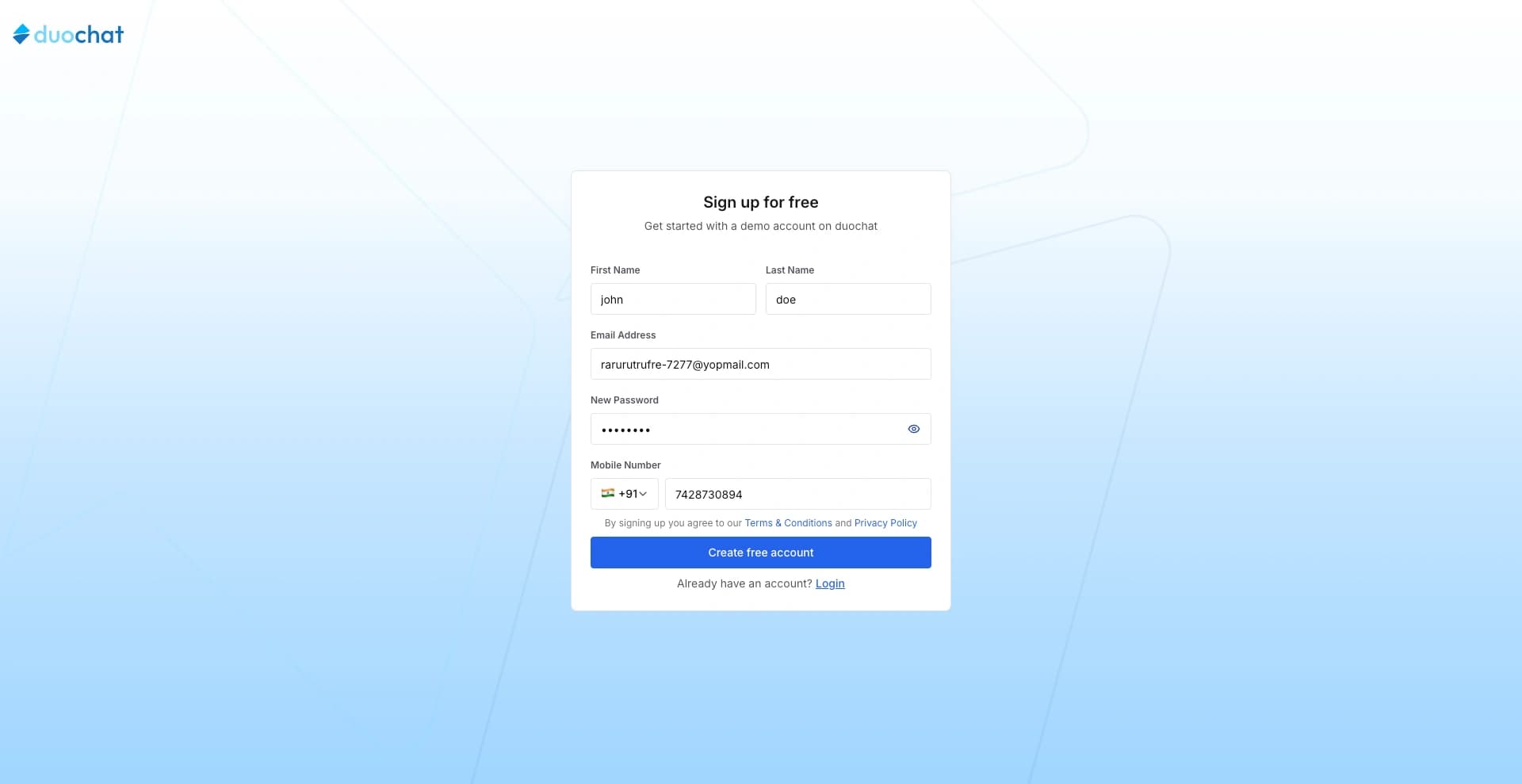 Completed sign-up form with user details filled and ‘Create Free Account’ button visible