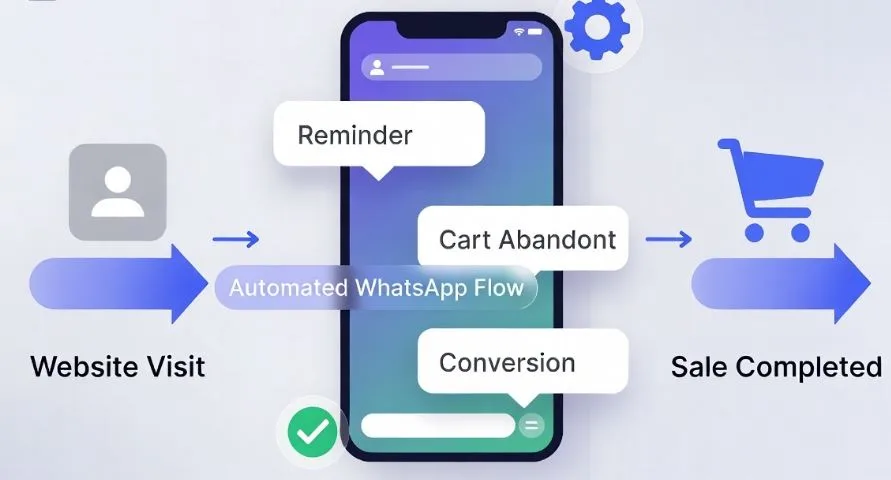 WhatsApp remarketing flow triggered by website visit showing automated message sequence for lead retargeting