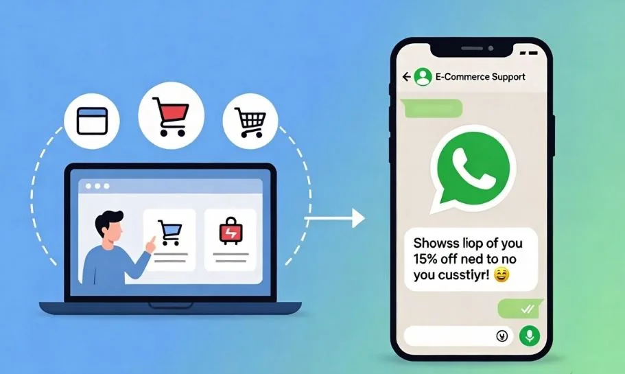 Laptop and mobile showing WhatsApp remarketing messages being sent to warm leads for cart recovery