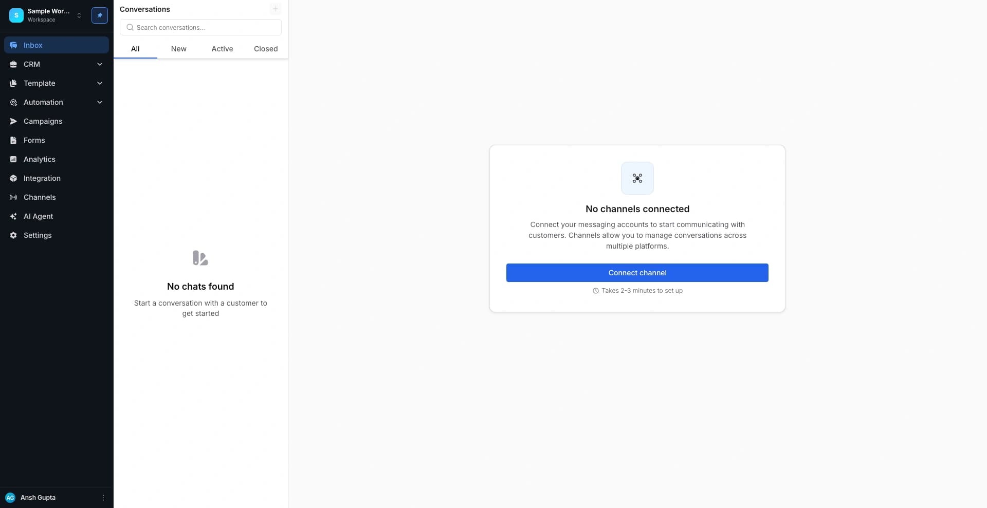 Dashboard view after account creation showing workspace setup and main navigation